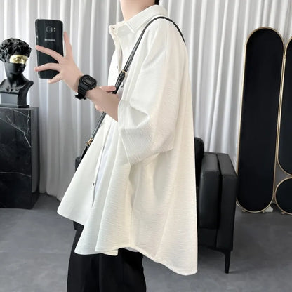 Summer Cool Men Short-sleeved Shirt Solid Color Fashion Plicated Casual Loose Button Shirt Male Clothing Tops