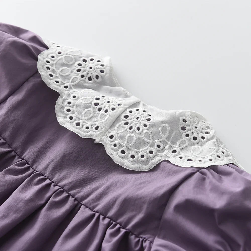 Girls Summer Dress Lace Collar Puff Sleeved Elegant Baby Kids Princess Birthday Dresses Children Clothes Vestidos  3-7 Years Old