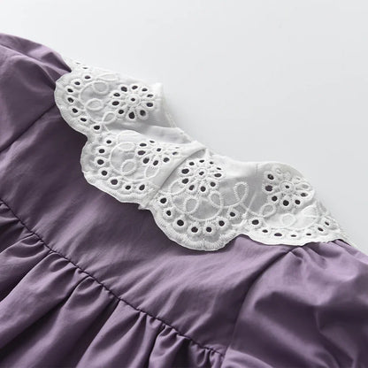 Girls Summer Dress Lace Collar Puff Sleeved Elegant Baby Kids Princess Birthday Dresses Children Clothes Vestidos  3-7 Years Old