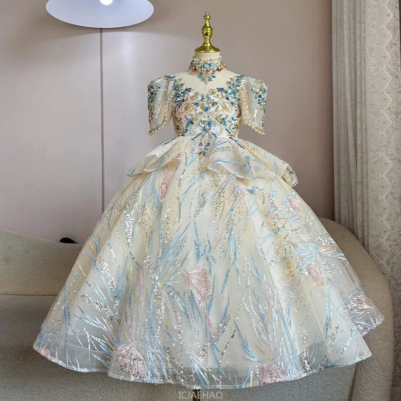 Girls Summer Party Dress Puffy PrincessFlower Pageant Host Formal Gown Girl Outfit Piano Recital Performance Birthday Wedding