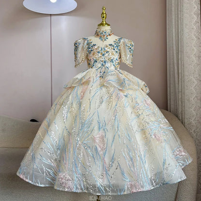 Girls Summer Party Dress Puffy PrincessFlower Pageant Host Formal Gown Girl Outfit Piano Recital Performance Birthday Wedding