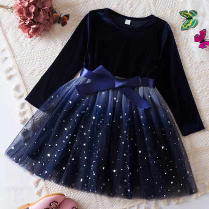 Girl Party Princess Dress Autumn Winter 3-8Y Children Christmas New Year Velvet Top Gradient Stars Mesh Bow Dres