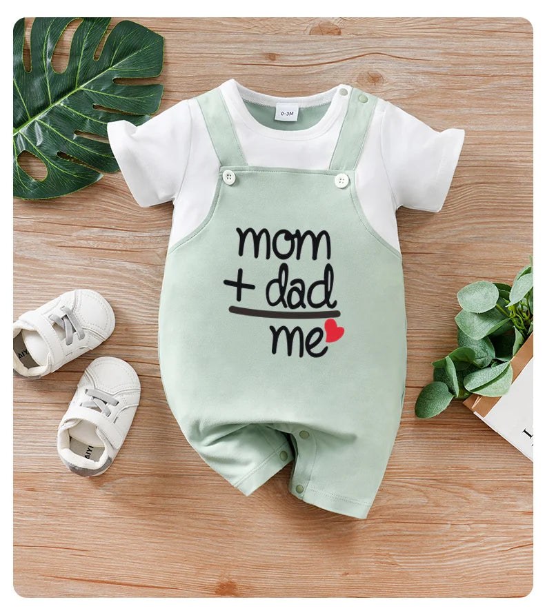 Newborn boys, girls and babies summer vacation 2 pieces braces, Dad, Mom and I, short-sleeved round-neck jumpsuit