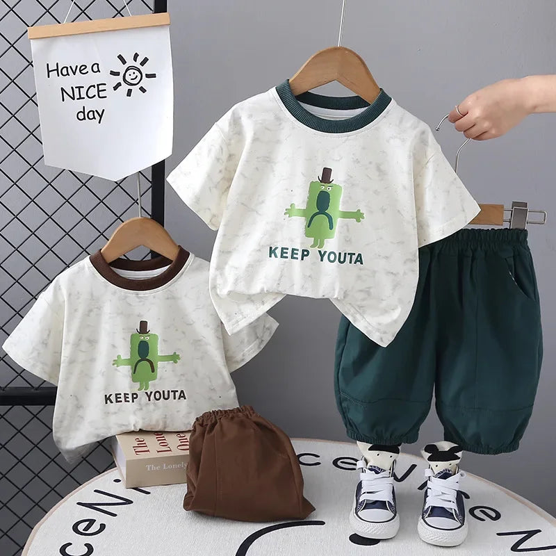 Boys' summer outfit set, baby's summer short sleeved two-piece set, children's Korean cartoon children's clothing, shorts