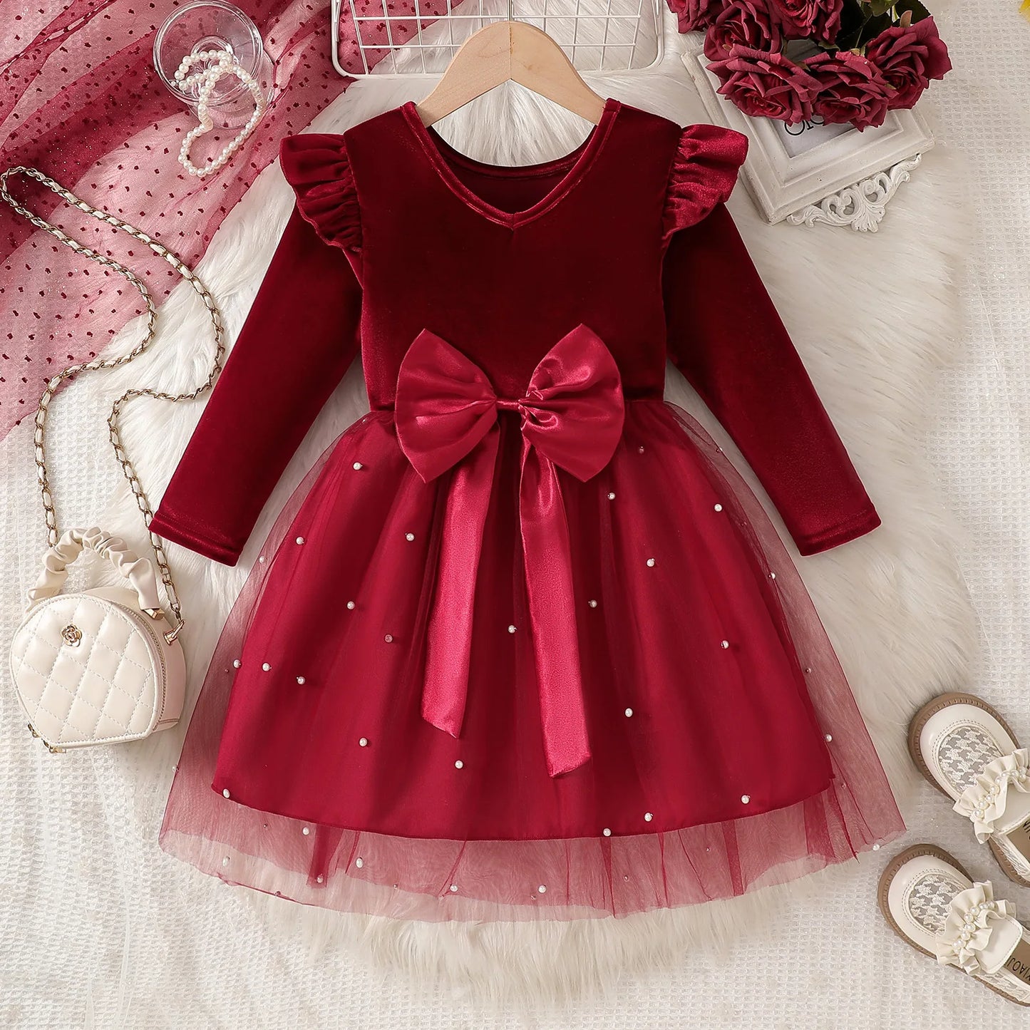 2025 Autumn Winter Girls' Christmas Party Dress with Bow, Elegant Princess Gown for Holiday Pageant & Formal Events