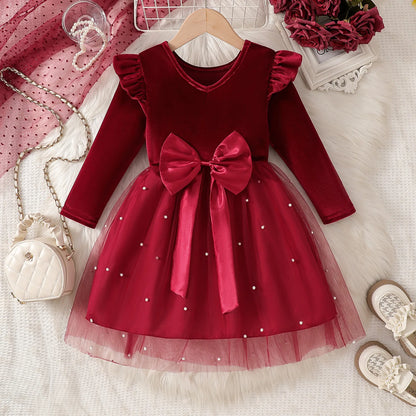 2025 Autumn Winter Girls' Christmas Party Dress with Bow, Elegant Princess Gown for Holiday Pageant & Formal Events