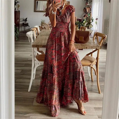 Women's Summer New Ethnic Style Printed Dress  Short-sleeved Waist Dress Fashionable Floral Petal Sleeves Large Hem A-line Dress
