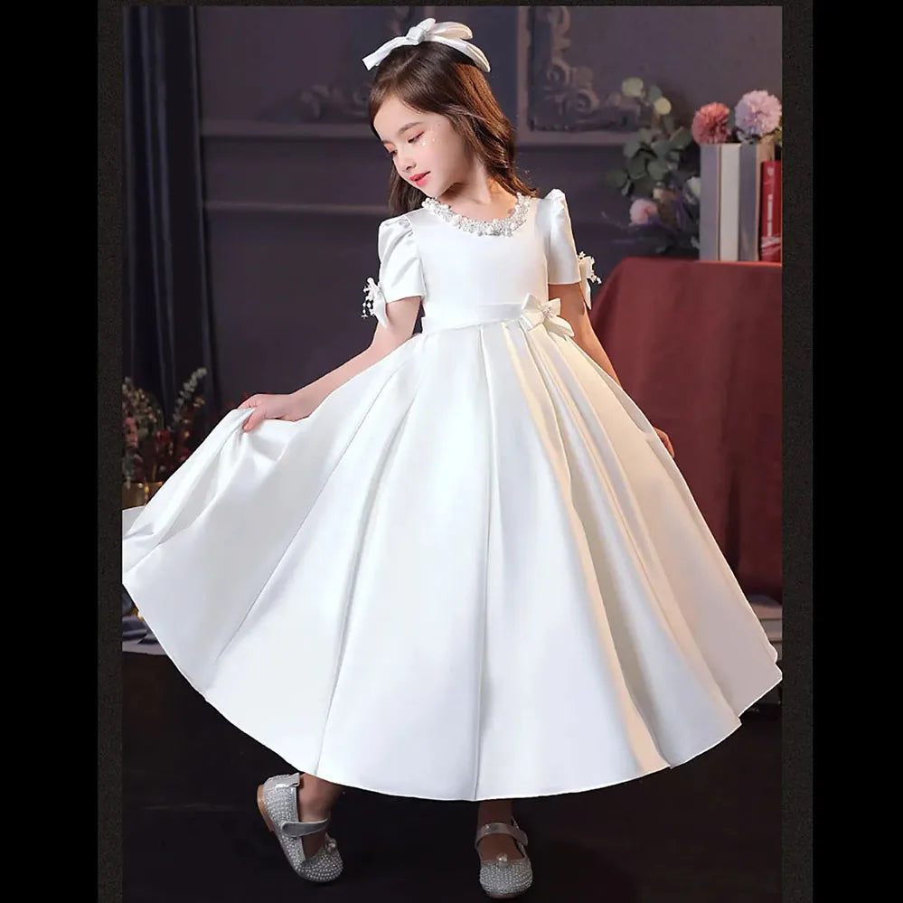 Little Girls White CeremonY Communion Dress Kids Birthday Party Ball Gown Girls School Piano Performance Dresses Fromal Beaded