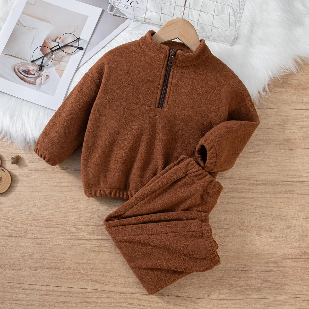 Girls Winter Casual Outfit Solid Color Fleece Thickened Hoodie Pants Clothes Set Half-Zip Children Sweater Sets