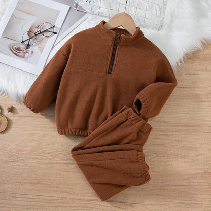 Girls Winter Casual Outfit Solid Color Fleece Thickened Hoodie Pants Clothes Set Half-Zip Children Sweater Sets