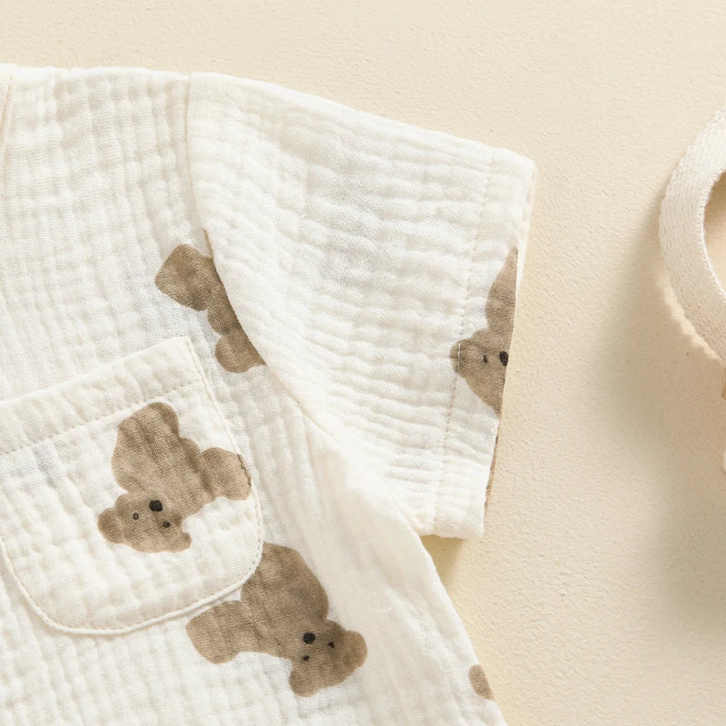 Toddler Kids Clothes Boys Summer Bear Print Short Sleeve Cotton Linen Pocket T-shirts Tops+Drawstring Shorts Sets Outfits