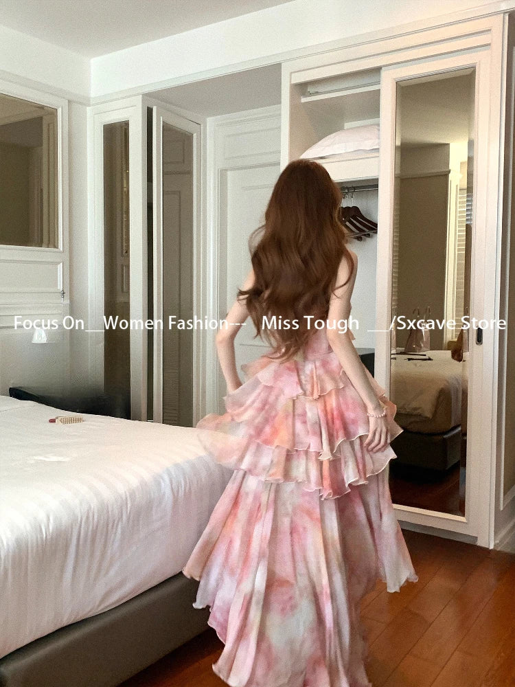 Summer Vacation Dress Woman French Elegant Irregular Floral Suspender Dress Beach Stylem Korean Fashion Midi Dress Chic