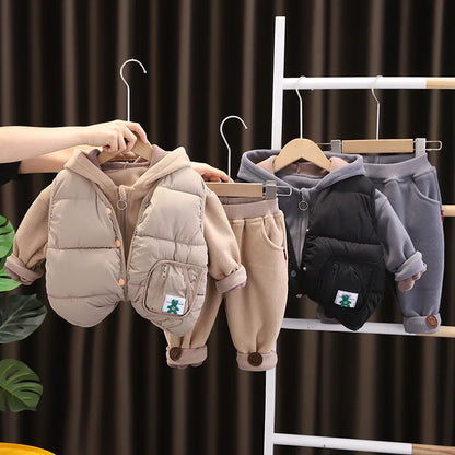 Winter New Baby Hooded Cotton Coat Long Sleeve Set for Boys and Girls' Vest with Velvet and Thickened Casual Three Piece Set