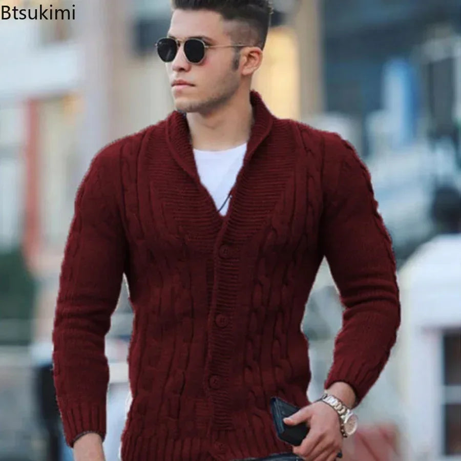 Autumn Winter Men's Warm Knitted Sweater Solid Single-breasted Twisted Texture Cardigan Lapel Slim Buttoned Thick Sweater Male