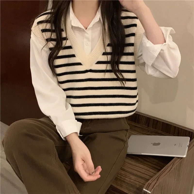 Women Autumn Winter Preppy Style Sweater Vest New Fashion Pullover Elastic Knit Ladies Jumper Casual Stripped Female Basic Tops