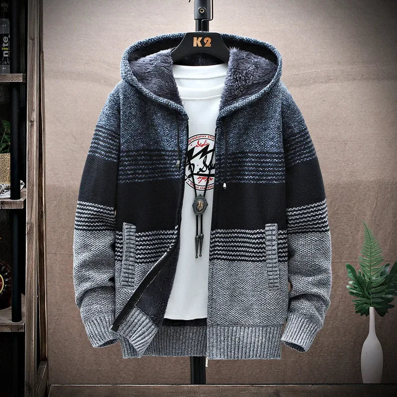 Men's Autumn/winter Hooded Knit Jacket Fleece-lined Thickened Casual Loose-fit Knitted Cardigan Outer Wear Sweater