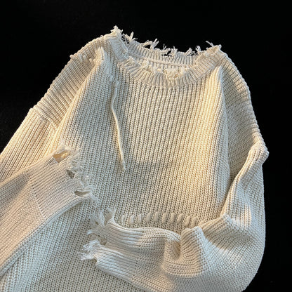 Fashion Niche Knitted Sweaters Autumn Winter Ripped O-neck Causal Loose High Street Knitted Sweater Men Pullovers Male Clothes