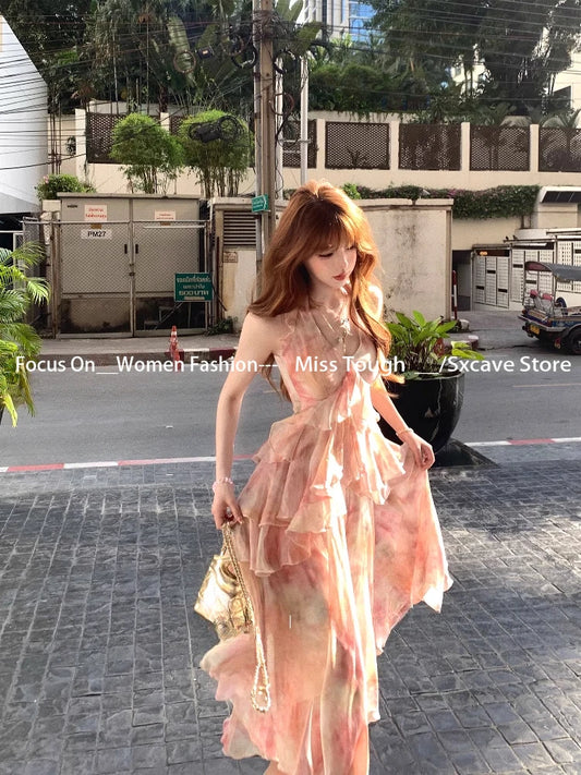 Summer Vacation Dress Woman French Elegant Irregular Floral Suspender Dress Beach Stylem Korean Fashion Midi Dress Chic