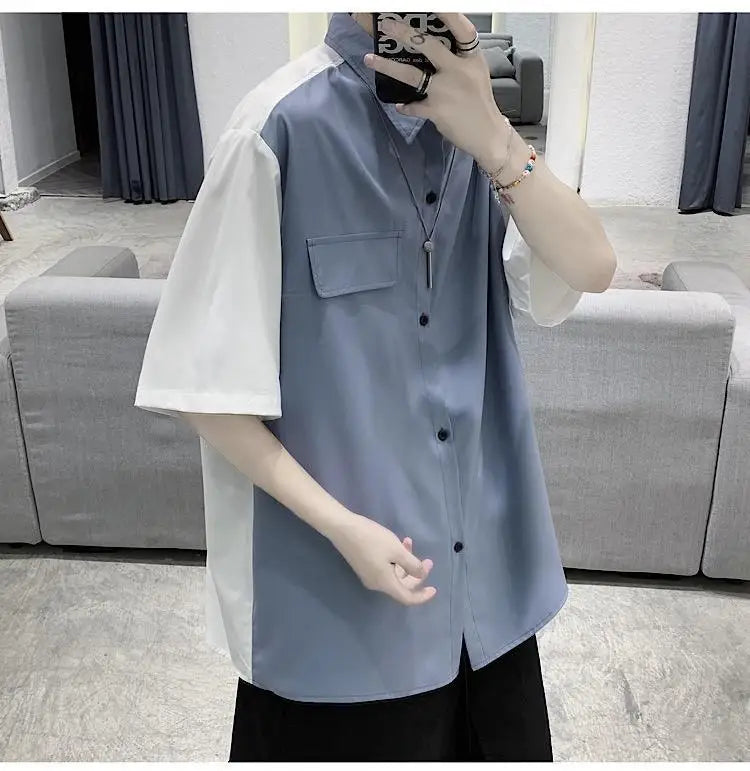 Summer Men Loose Short Sleeve Shirt Trendy High Street Stylish Top