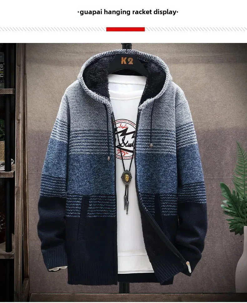 Men's Autumn/winter Hooded Knit Jacket Fleece-lined Thickened Casual Loose-fit Knitted Cardigan Outer Wear Sweater