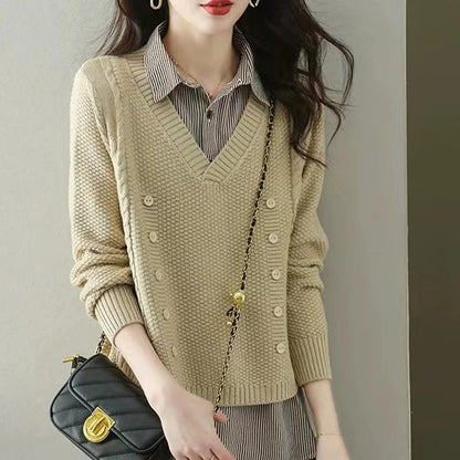 New Fake Two Piece Top Knit Sweater Women's Splice Shirt Collar Spring Autumn  Korean Loose Long Sleeve Sweater Female Pullover