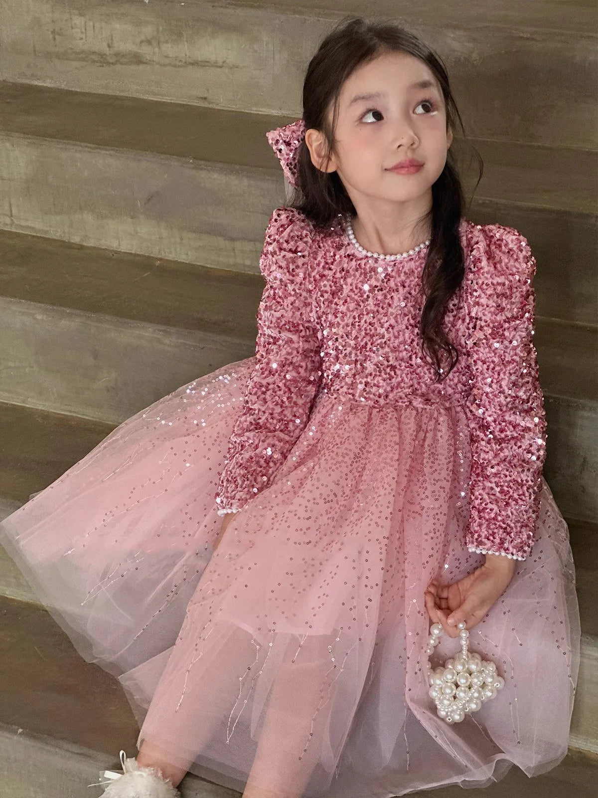 Winter Baby Girls Sequin Work Fleece Lined 4-Layer Mesh Zip Back Dresses with Head Veil Kids Outfit Children Sweet Skirt 2-8 Yr