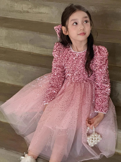 Winter Baby Girls Sequin Work Fleece Lined 4-Layer Mesh Zip Back Dresses with Head Veil Kids Outfit Children Sweet Skirt 2-8 Yr