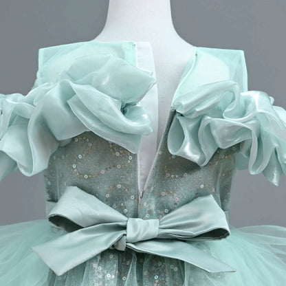 New Girl's Wedding Evening Dress Petal Sequin Mesh Sleeveless Dress Birthday Party School Graduation Party Dress