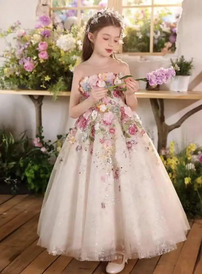 Customized Floral Evening Party Baby Girls Dress for Princess Luxury Handmade Pageant Flower Girl Birthday Style Beads Gowns