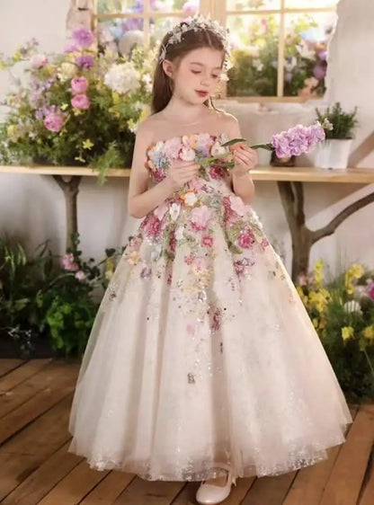 Customized Floral Evening Party Baby Girls Dress for Princess Luxury Handmade Pageant Flower Girl Birthday Style Beads Gowns