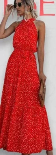 Summer Floral Print Halter Neck Dresses For Women Sleeveless Leace-up Long Dress Casual Beach Holiday Vestidos Female Clothing