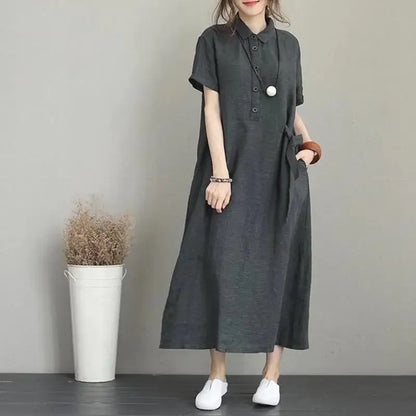 Women Summer Temperament Dress New Solid Color Lapel Short Sleeved Loose Pocket Casual Dress for Women Cotton Linen Clothing