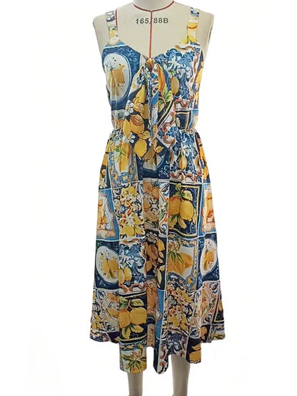 Summer Dress Woman 2025 Sexy Strap Lemon Print Bohemian Vacation Elegant Long Sundress