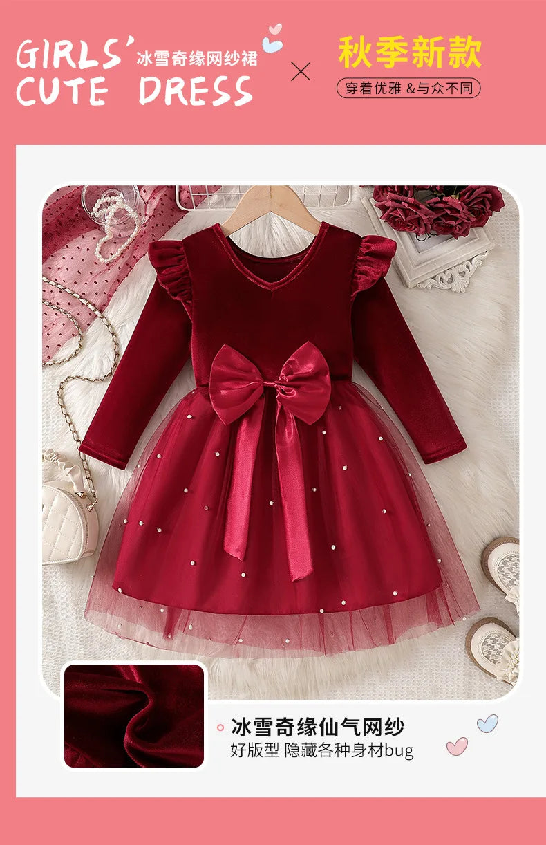 2025 Autumn Winter Girls' Christmas Party Dress with Bow, Elegant Princess Gown for Holiday Pageant & Formal Events