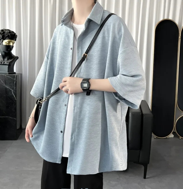 Summer Cool Men Short-sleeved Shirt Solid Color Fashion Plicated Casual Loose Button Shirt Male Clothing Tops