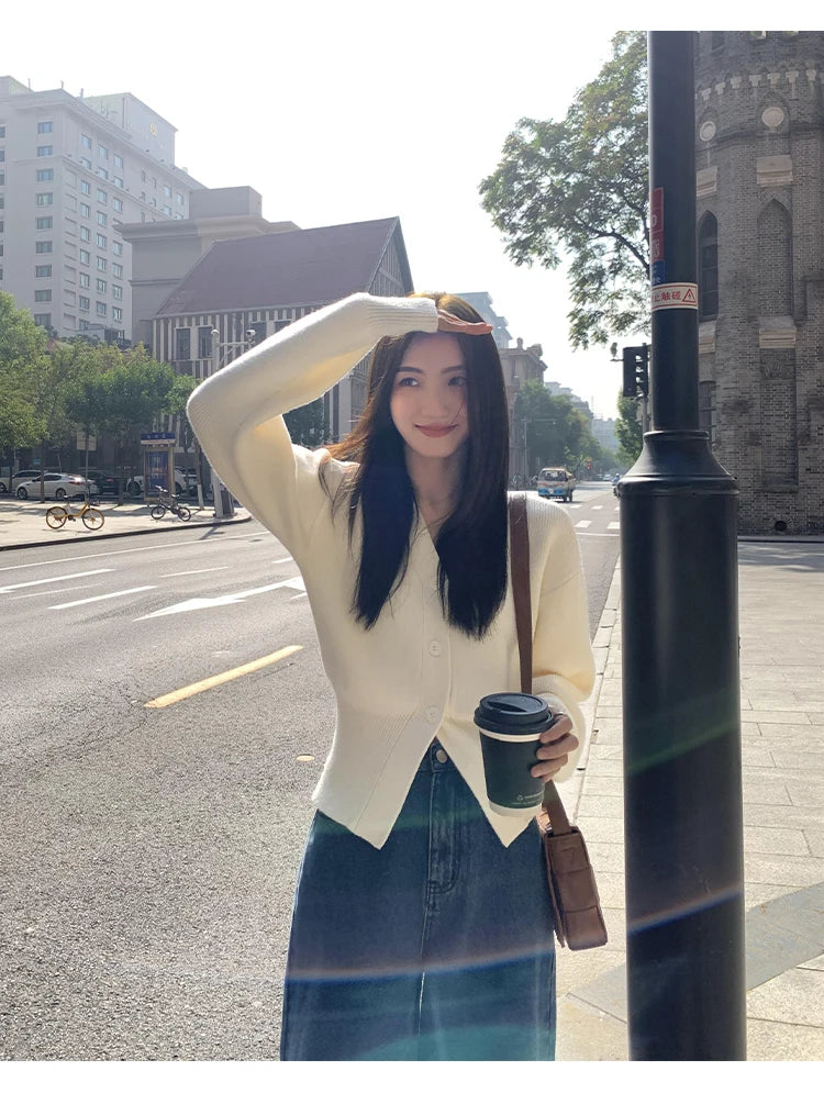 Zjaiss 2025 Autumn Winter Elegance Solid Color V-neck Sweater Knitted Casual Cardigan Unique And Niche Slim Fit Tops