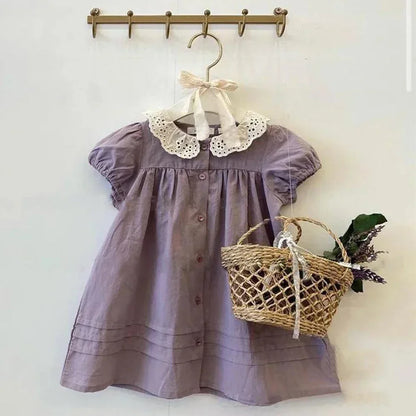 Girls Summer Dress Lace Collar Puff Sleeved Elegant Baby Kids Princess Birthday Dresses Children Clothes Vestidos  3-7 Years Old