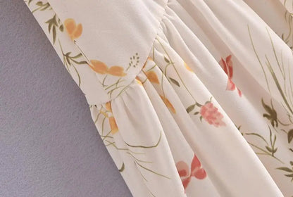 Summer Retro Elegant Elastic off Shoulder Long Dresses France Beige Floral Print Vintage Back Zipper Women Summer Dress