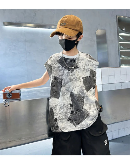 Boys Summer Clothing Sets Sleeveless Top + Shorts Two Pieces Soft Cotton Outfits for Kids Child Age 5 6 7 8 9 10 11 12 13 14 Y