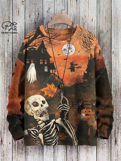 New Halloween Series 3D Printed Horror Crow Skeleton Cat Witch Pattern Authentic Ugly Sweater Winter Casual Unisex Sweater W-1
