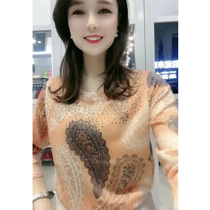 Autumn Winter O Neck Printing Diamonds Sweater Ladies Loose Casual Pullover Knitting Top Women Fashion Trend All-match Jumpers