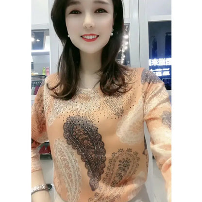 Autumn Winter O Neck Printing Diamonds Sweater Ladies Loose Casual Pullover Knitting Top Women Fashion Trend All-match Jumpers