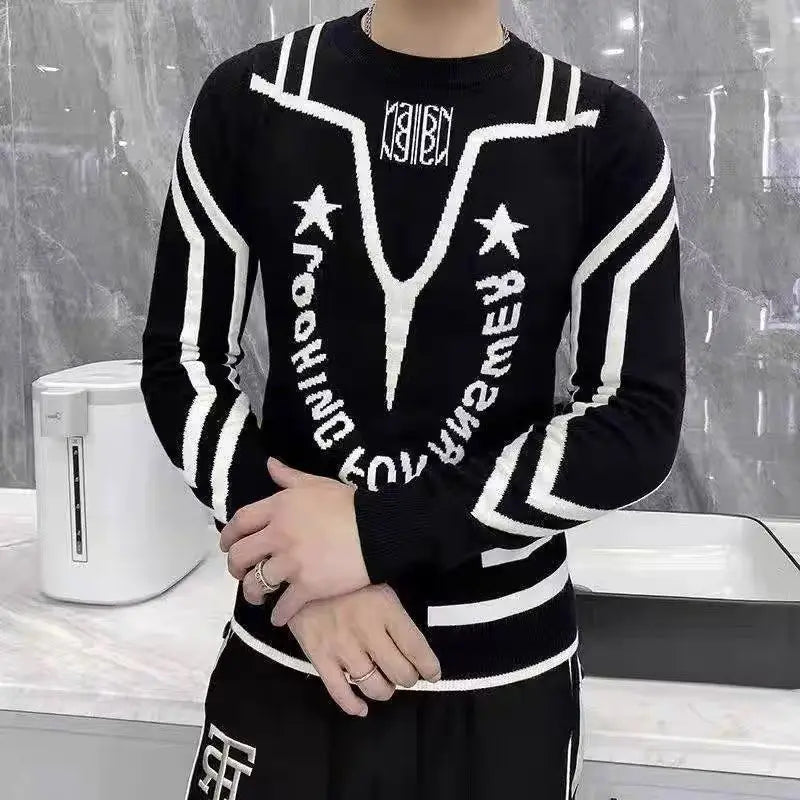 Sweater Men's 2024 Autumn Winter New Spliced Pullovers O-Neck Printed Letter Fashion Minimalist Casual Long Sleeve Knitted Tops