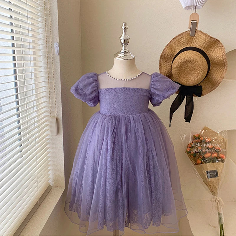 New Girls Party Dress Summer Elegant Princess Dress Purple Mesh Dress 1-9 Years Kids Bow Birthday Party Clothes
