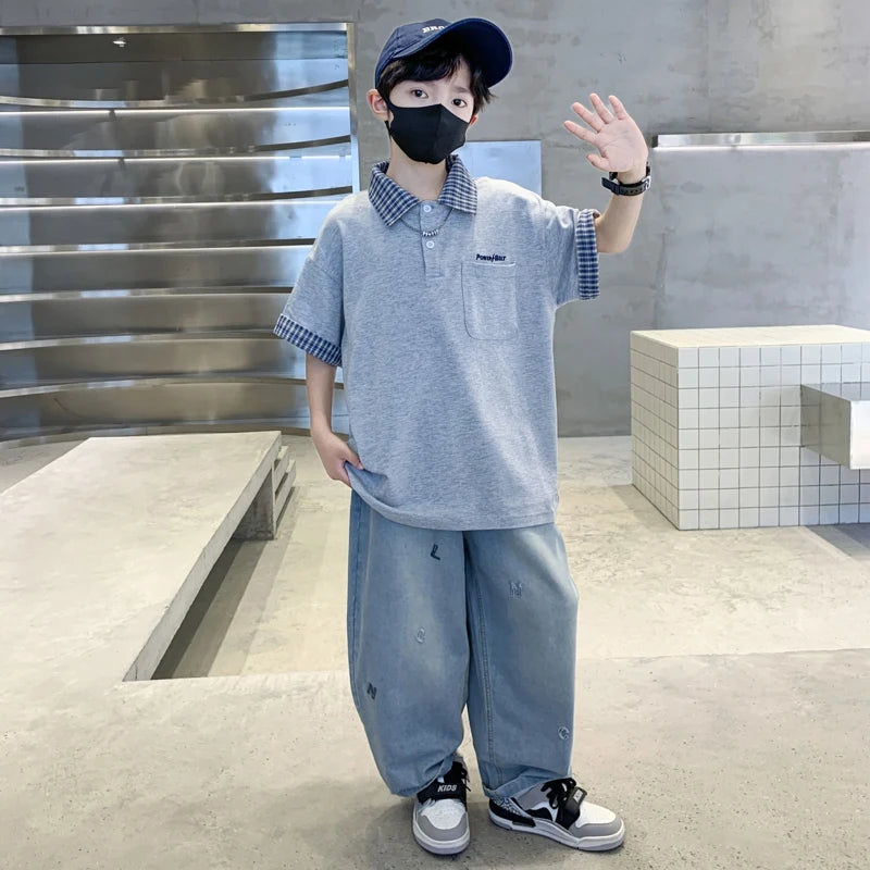 Boys Summer Clothing Set Children Short-Sleeve Polo Shirt Top+ Denim Pants Two-Piece Set 2025 New