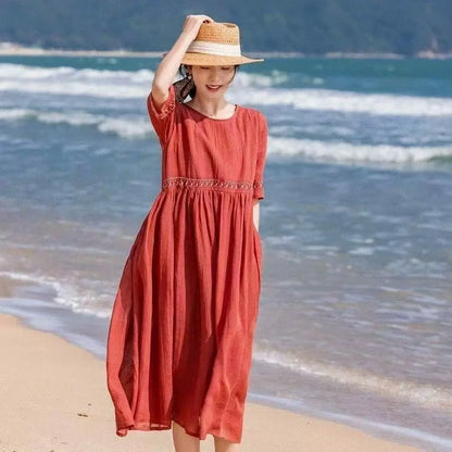 Summer New Dresses for Women LOOSE Embroidery Vintage Dress Streetwear Long Dresses Women Clothing Robe O-Neck White Dress