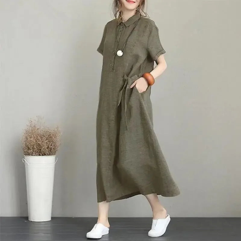 Women Summer Temperament Dress New Solid Color Lapel Short Sleeved Loose Pocket Casual Dress for Women Cotton Linen Clothing