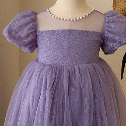 New Girls Party Dress Summer Elegant Princess Dress Purple Mesh Dress 1-9 Years Kids Bow Birthday Party Clothes