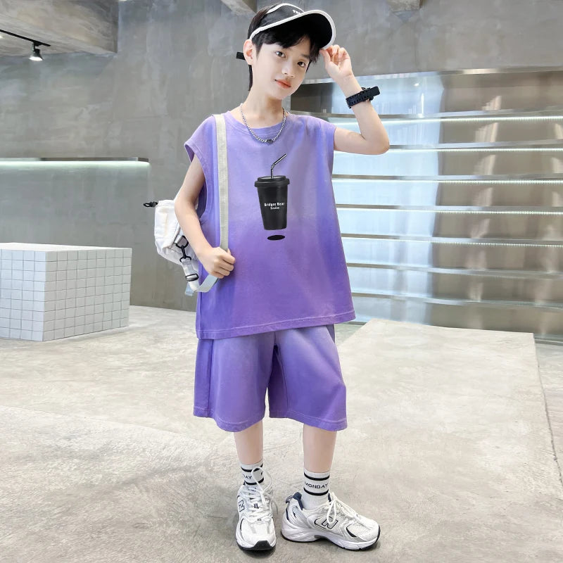 Fashion Boys Summer Top and Bottom set Clothing for Kids Child Casual Sleeveless Tshirt And Shorts Two Pieces Tracksuit Outfit