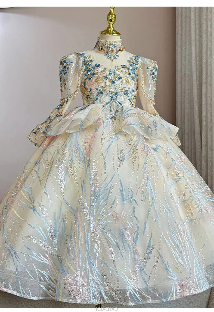 Girls Summer Party Dress Puffy PrincessFlower Pageant Host Formal Gown Girl Outfit Piano Recital Performance Birthday Wedding